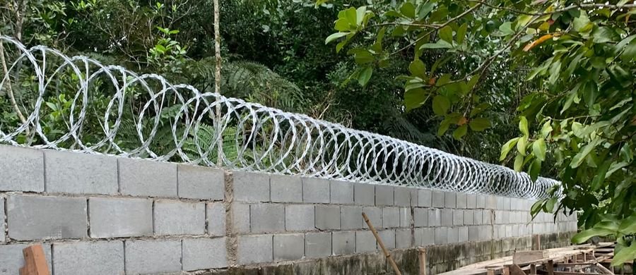 Concertina instalada ao longo de muro de blocos em área arborizada